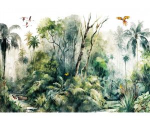 Fotobehang van een symfonie van tropische jungleplanten en bomen, met een bosrijke achtergrond.