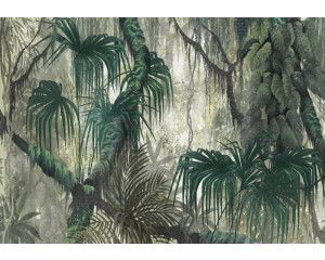Fotobehang van botanische jungle met schilderingen van takken en bladeren, in een tropische plantenstijl.