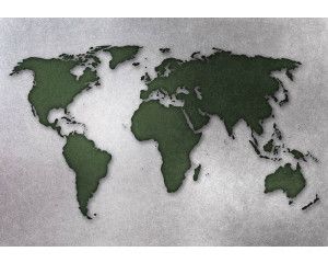 Fotobehang met een groene wereldkaart op een betonnen achtergrond, abstract ontwerp.