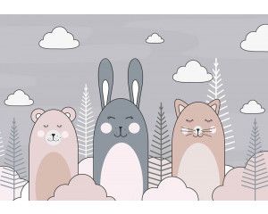 Fotobehang van een kat, een konijn en een teddybeer, weergegeven in een schattige compositie.