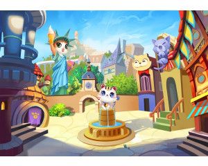 Fotobehang van een kattendorp voor kinderen, speels en kleurrijk.