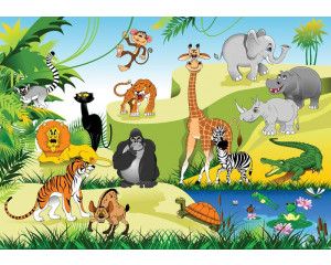 Kinderjungle met Afrikaanse dieren afgebeeld op een fotobehang voor kinderkamers en babykamers.