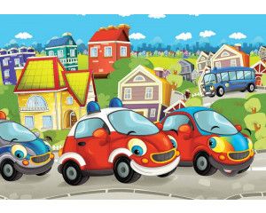 Fotobehang van brandweerauto's en voertuigen, kleurrijk en stoer voor kinderkamers.