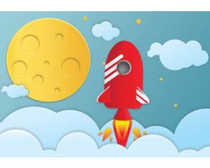 Fotobehang van een kinderkamer met universum en ruimte thema.