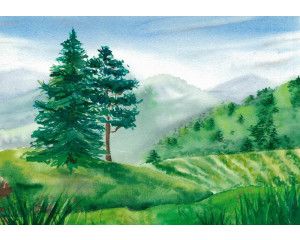 Fotobehang van een kinderlandschap, weergegeven in een schilderij met zachte en vrolijke kleuren.