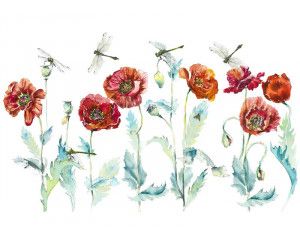 Fotobehang van een kunstzinnige schildering van klaprozen met een libelle die boven de bloemen zweeft.