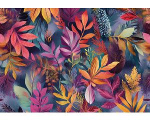 Fotobehang met een kleurrijk bladerdek van tropische bladeren in verschillende vormen en tinten.