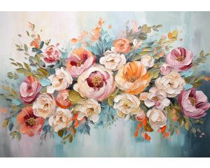 Fotobehang van kleurrijke bloemen in een kunstzinnige compositie, perfect voor een levendige sfeer.