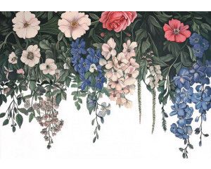 Fotobehang met kleurrijke bloemenwaterval in roze, blauw en wit op donkergroene achtergrond.