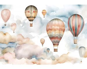 Kleurrijke luchtballonnen zweven in een vrolijke lucht, speciaal voor kinderkamers, afgebeeld op dit fotobehang.