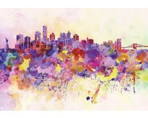 Abstract fotobehang met een kleurrijke stad, weergegeven als een verfkunstwerk.