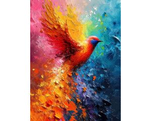 Fotobehang van een kleurrijke vogel weergegeven in een schilderij op vliesbehang.