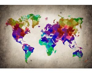 Wereldkaart fotobehang met abstracte weergave van landen en steden in levendige kleuren.