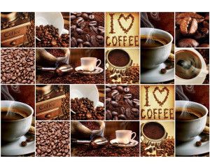 Fotobehang met een collage van koffie en koffiebonen, voor de echte koffieliefhebber.