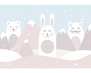 Fotobehang van een konijn, kat en teddybeer, met pastelkleuren en bergen op de achtergrond.