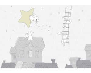 Konijntjes in de nacht op fotobehang, ontworpen voor kinderkamers.