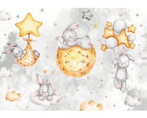 Konijntjes die in de wolken zweven onder sterren en een maan, afgebeeld op een fantasierijk fotobehang voor kinderen.