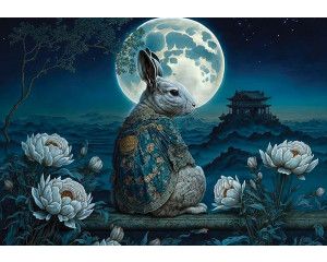 Koninklijk konijn afgebeeld onder een oosterse maan in een mysterieuze kunststijl, weergegeven op fotobehang.