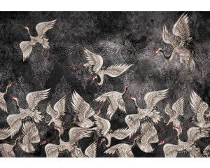 Zwart-wit abstracte kunst van kraanvogels op luxe fotobehang, ideaal voor een modern en stijlvol interieur.