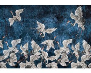 Abstracte kunst van kraanvogels, gedetailleerd weergegeven op luxe fotobehang met kleurrijke accenten.