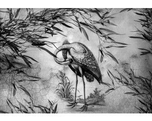 Zwart-wit afbeelding van een kraanvogel in een serene natuurlijke omgeving, weergegeven in strakke lijnen.