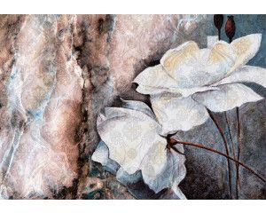 Kunstfotobehang met bloemen, schilderijstijl en warme kleuren.