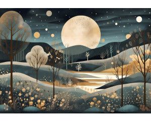 Een kunstzinnig nachtlandschap met een volle maan en sterren verlicht dit sfeervolle fotobehang.