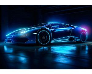 Neon Lamborghini Huracan auto afgebeeld in een futuristische raceomgeving, op dit stoere fotobehang.