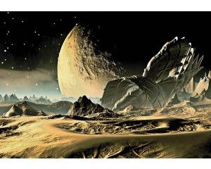 Marslandschap met een ruimteschip op de achtergrond op dit fotobehang, met een futuristische weergave van de ruimte.