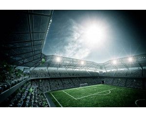 Fotobehang van een levendig voetbalstadion vol juichende supporters, met een voetbalwedstrijd in volle gang.