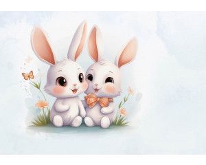 Fotobehang van lieve konijntjes, met een speelse en zachte uitstraling voor kinderen.