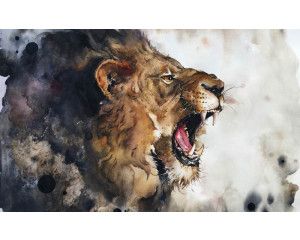 Een artistieke weergave van een leeuw op een schilderachtig fotobehang, met levendige kleuren en details.