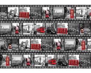 Fotobehang met een filmstrip van Londen, met Big Ben, de Tower Bridge en rode dubbeldekkers.