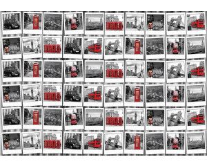 Fotobehang met een fotocollage uit Londen, met foto's van Big Ben, de Tower Bridge en rode dubbeldekkers.