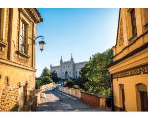 Gedetailleerd fotobehang van de stad Lublin met straat- en monumentdetails in 3D-stijl.