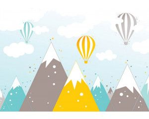 Fotobehang van luchtballonnen boven bergtoppen, speciaal voor babykamers.