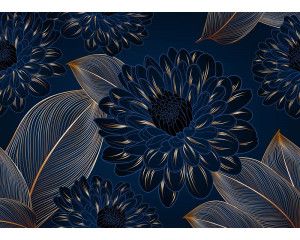 Een fotobehang met luxe chrysanten en gouden accenten, waarin elegante bloemen op een diepe achtergrond een verfijnde en exclusieve uitstraling geven.