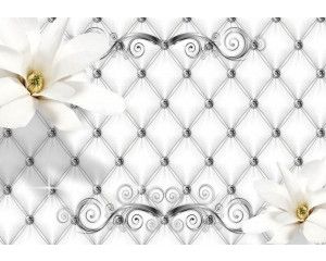 Fotobehang van luxe zilveren bloemen in een abstract kunstwerk.