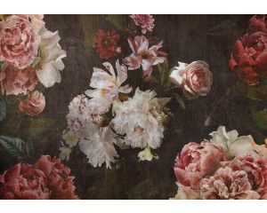 Luxe vintage fotobehang met pioenrozen en andere bloemen in zachte pastelkleuren, die een klassieke en elegante uitstraling geven.