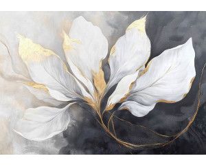 Fotobehang met luxe witte bloemen en gouden accenten op een donkere achtergrond.