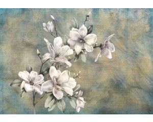 Vintage fotobehang met een schilderij van een magnolia bloem, in een retro stijl.