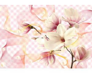 Magnolia bloemen op luxe vlies, weergegeven op een roze achtergrond in een elegant fotobehang.