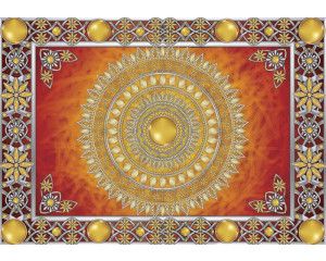 Fotobehang van een gouden mandala met een Tibetaans patroon, symbolen van boeddhistische kunst.