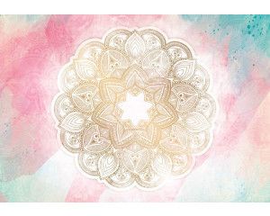 Fotobehang van een pastelkleurige mandala met symmetrische elementen in abstracte kunststijl.