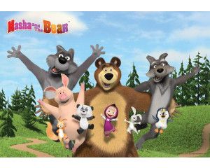 Fotobehang met Masha en de Beer in verschillende grappige scènes.