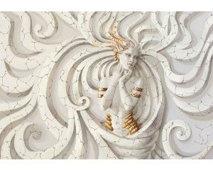 Medusa sculptuur, weergegeven op een artistiek fotobehang met beeldhouwwerken en abstractie.