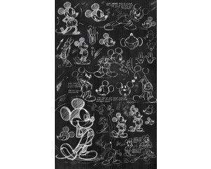Mickey Mouse Krijtbord fotobehang toont een zwart-wit krijttekening van Mickey Mouse, met speelse en creatieve details.
