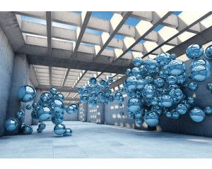 Blauwe metalen ballen, abstract weergegeven in een moderne ruimte op een stijlvol fotobehang.