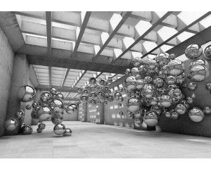 Moderne ruimte in zwart-wit, abstract weergegeven op een fotobehang met geometrische vormen.