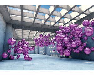 Fotobehang van een moderne ruimte met paarse metalen ballen, in een abstract en futuristisch ontwerp.